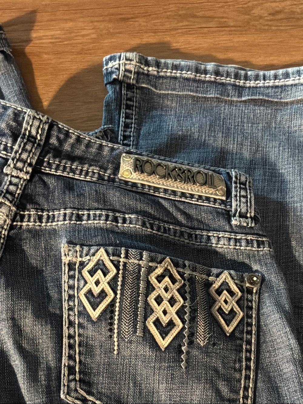Rock & Roll Denim Women’s Blue Boot Cut Jeans with Embroidered Pockets